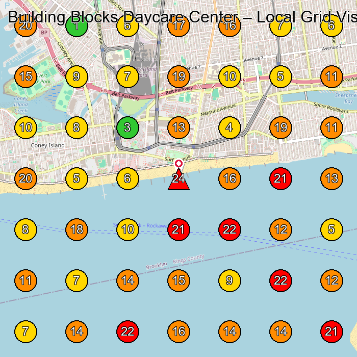 Building Blocks Daycare Center Day Care Center GeoGrid ranking map for Brooklyn NY